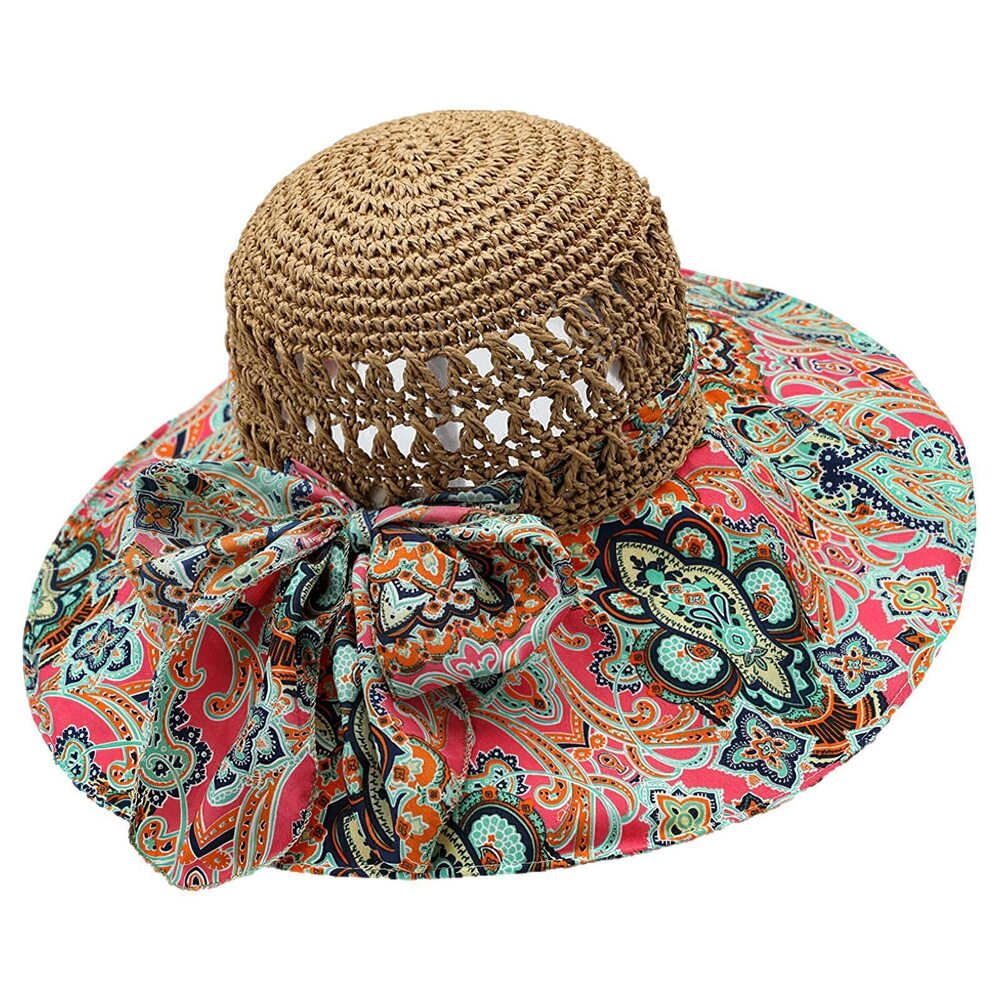 6331 Straw Sun Hat BohemianFloral Floppy Summer Beach Cap with Bow UV